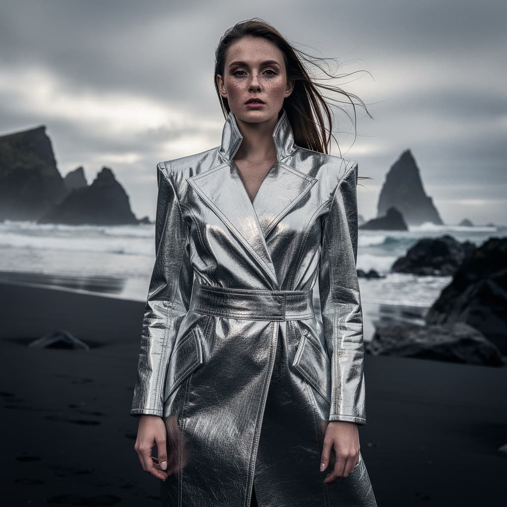 Silver fashion campaign portrait generated with FLUX.2 Max