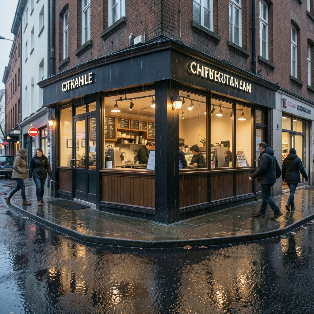 Rainy Scandinavian coffee kiosk generated with the FLUX.2 Turbo distilled model